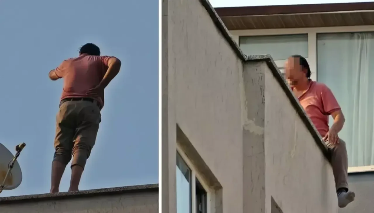 Eşine kızıp çatıya çıktı! Eylem yapan adam ekiplere köşe kapmaca oynattı